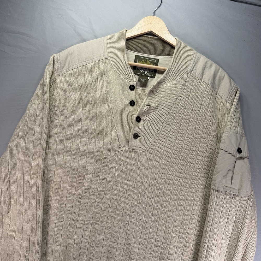 Eddie Bauer Sweater Mens Large Beige Knit Commando Military Henley Grandad